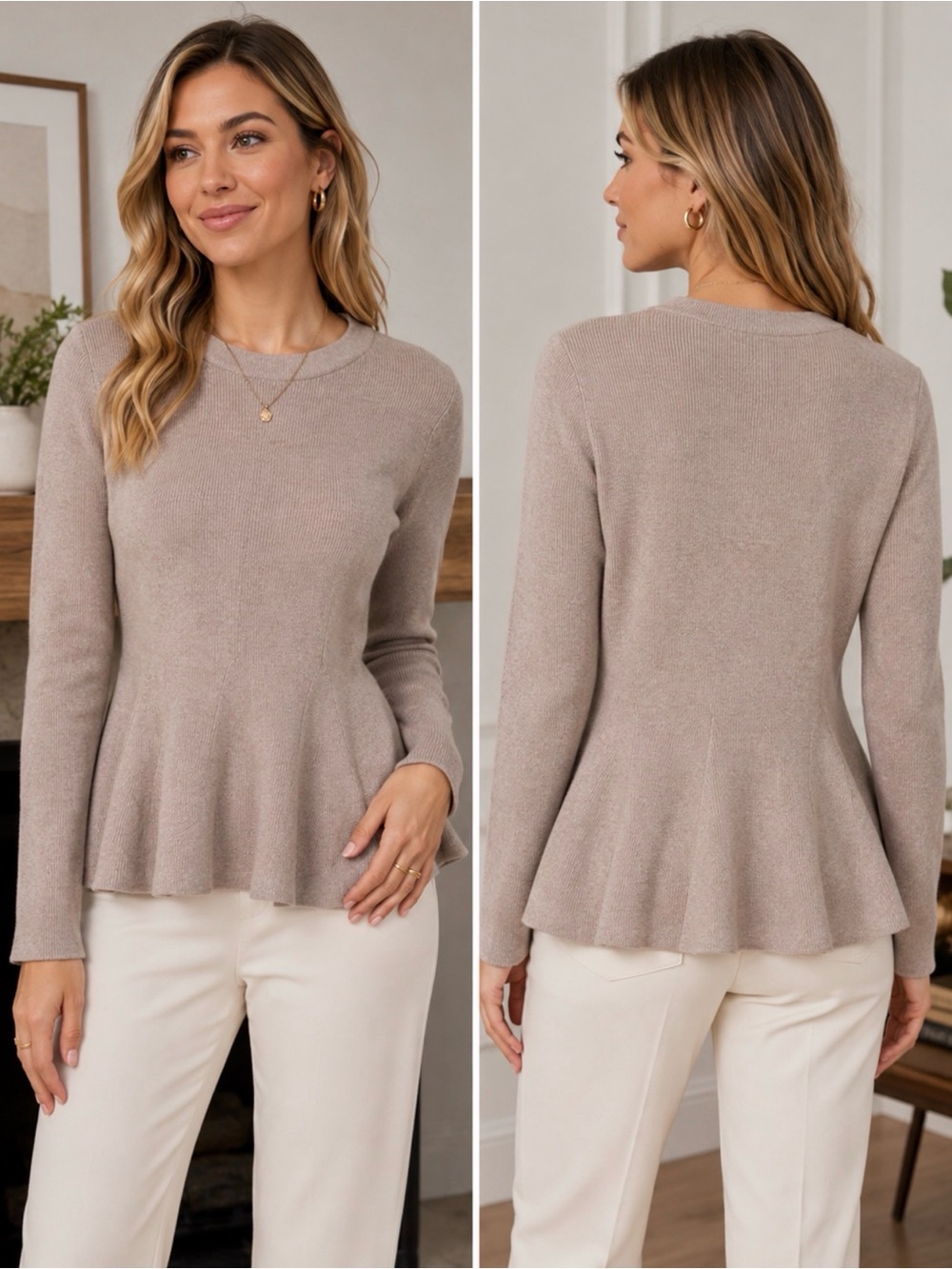 La Vila Milano Taupe Ribbed Peplum Sweater L Quiet Luxury Soft Stretch Knit
